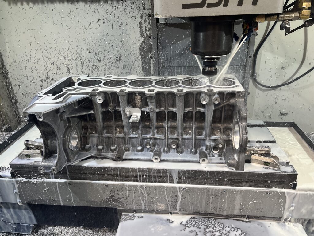 BMW N54 block being machined on the HAAS VMC to accept the closed deck insert.